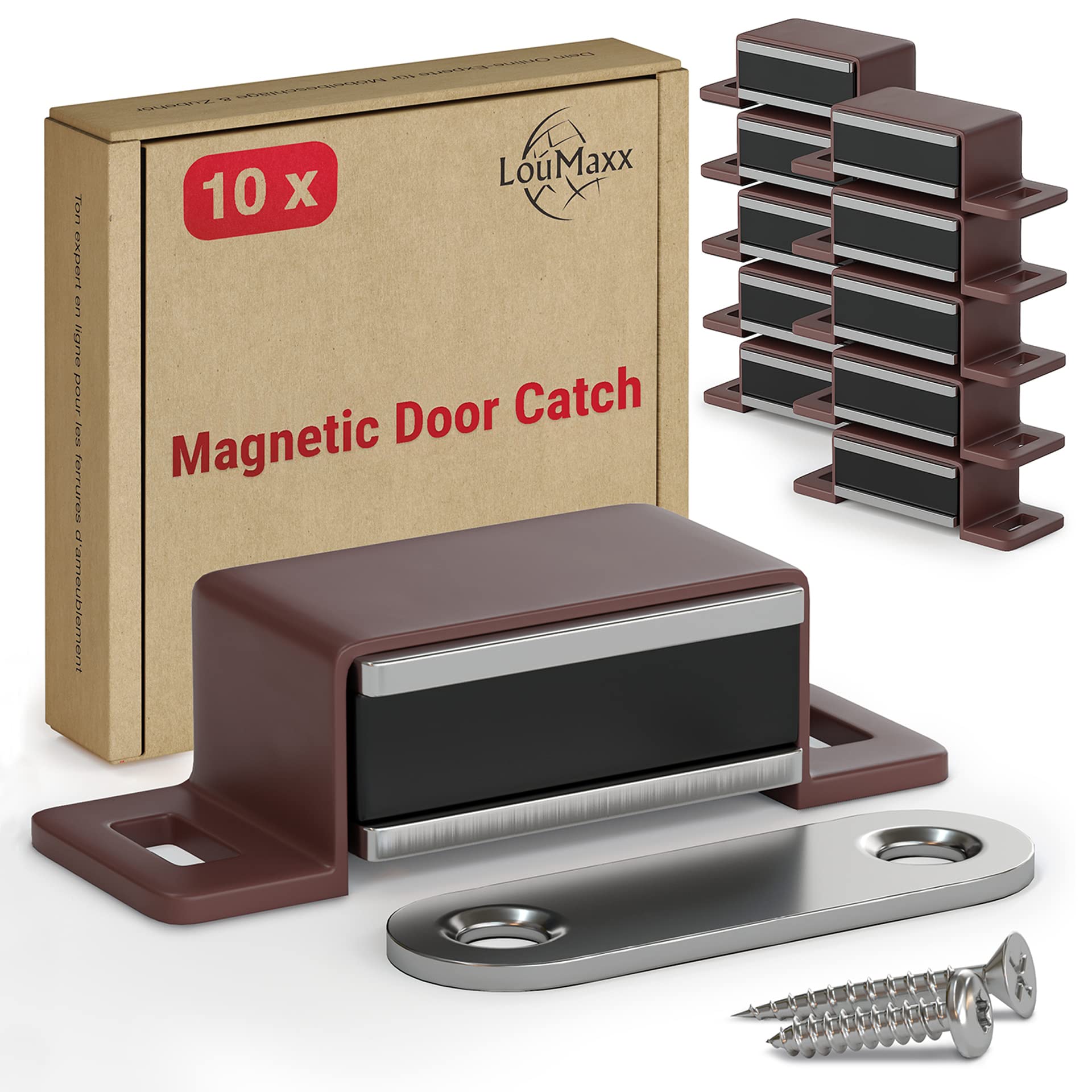 LouMaxx Strong Magnet – Holding Force 4 kg – Pack of 10 Brown – Magnetic Closure – Screw On Door Magnet, Magnetic Closing Cabinet