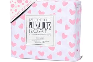 WHERE THE POLKA DOTS ROAM Pink Heart Sheets Queen Bedding Set - Super Soft 4 Piece Heart Bed Sheets for Girls with Fitted Sheet, Flat Sheet & 2 Pillowcases - Cute Pink Heart Bedding & Room Décor for Kids & Teens