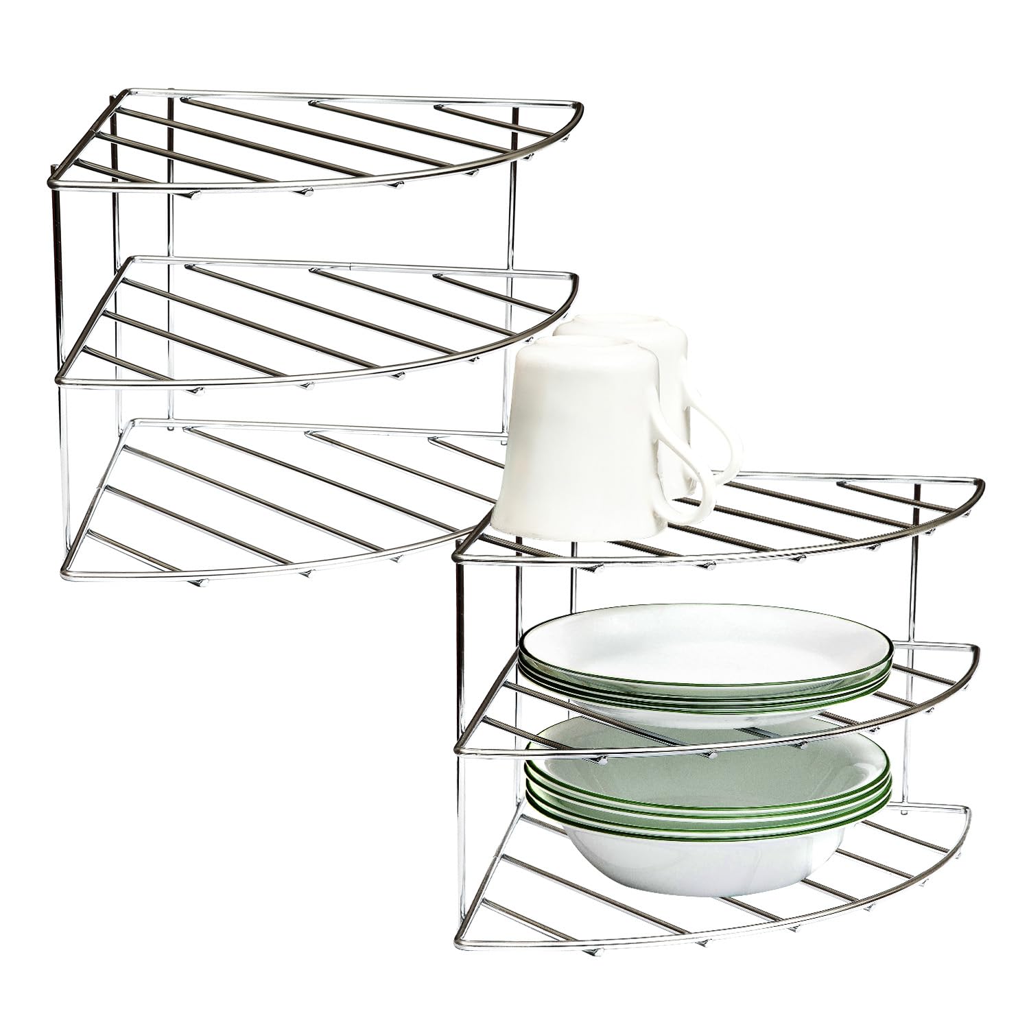 Amtido 3-Tier Plate Rack Kitchen Cupboard Organiser 2 Pack โ Chrome Corner Shelf Plate Organiser for Bowls, Mugs, Pans, Dishes โ Metal Dish Rack for Pantry, Countertop, Cabinet