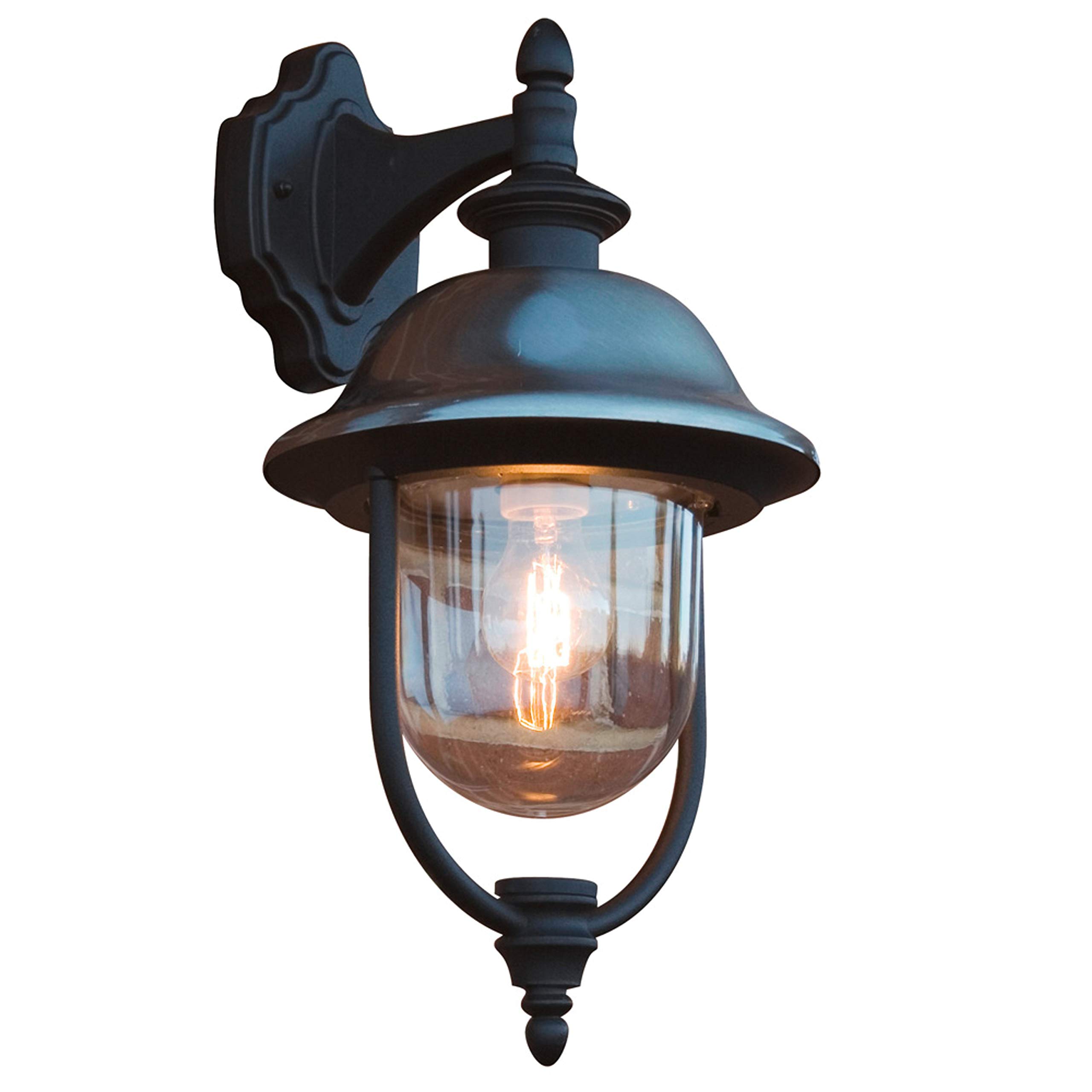 Konstsmide Outdoor Wall Light Mains Powered/Parma Down Traditional Lantern/1 x 75 W E27 Max Lamp/Clear Acrylic Globe/Aluminium/IP43/Outside Light Stainless Steel and Matt Black