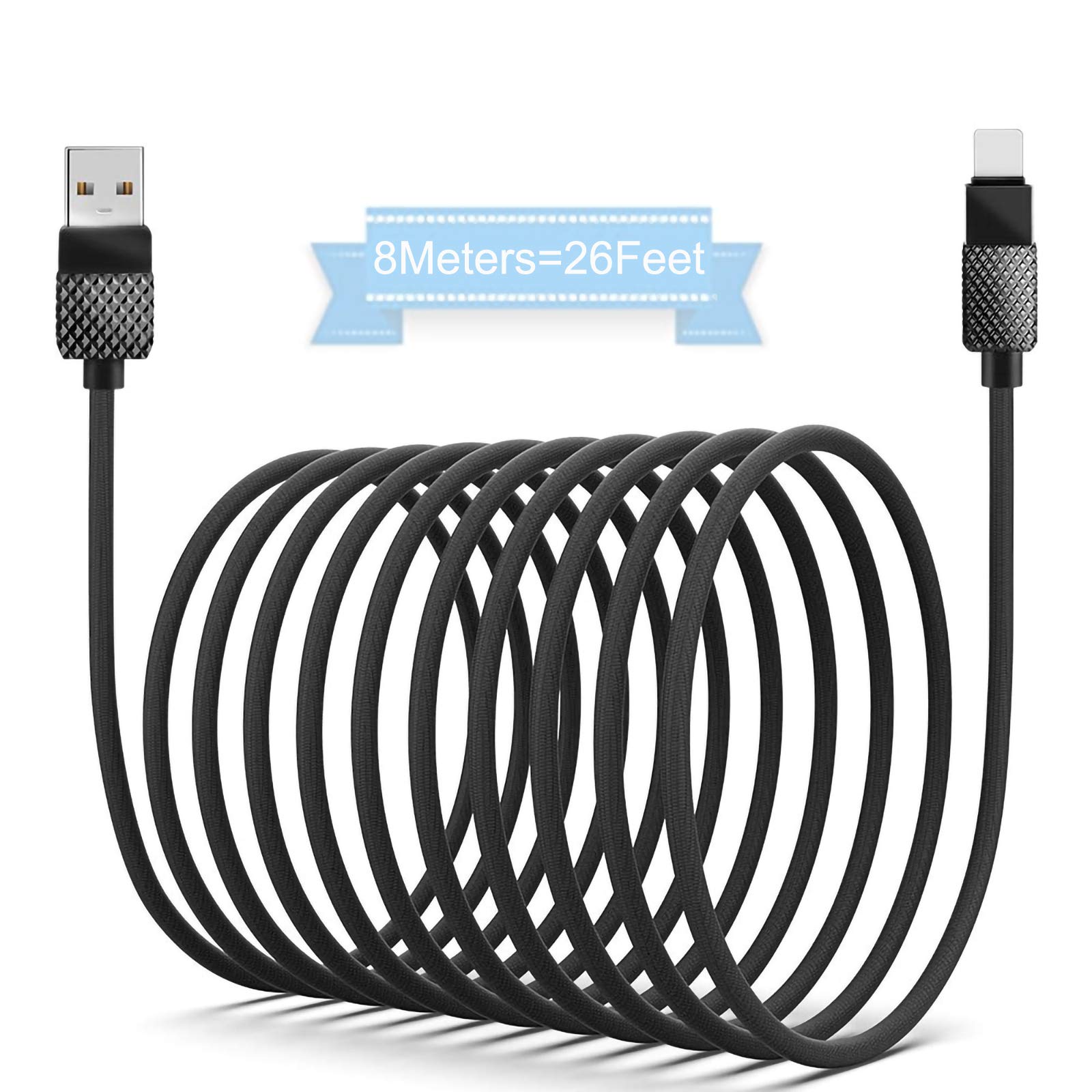 Extra Long iPhone Charger Cable 8M/26FT,[MFi Certified] Nylon Braided USB Apple Lightning Charging Cord IOS Adapter for iPhone 13/12/11/11 Pro/Pro Max/XS/XS Max/XR/X/8/8 Plus/7/SE/Pad/iPod(Black)