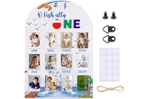 RANERVZ My First Year Photo Board from 1-12 Months Gone Fishing Baby Milestone Monthly Sign for First Birthday Party Decorations Ofishally Wooden Picture Board for Boy One Birthday Baby Shower Nursery Decors Keepsake Gift