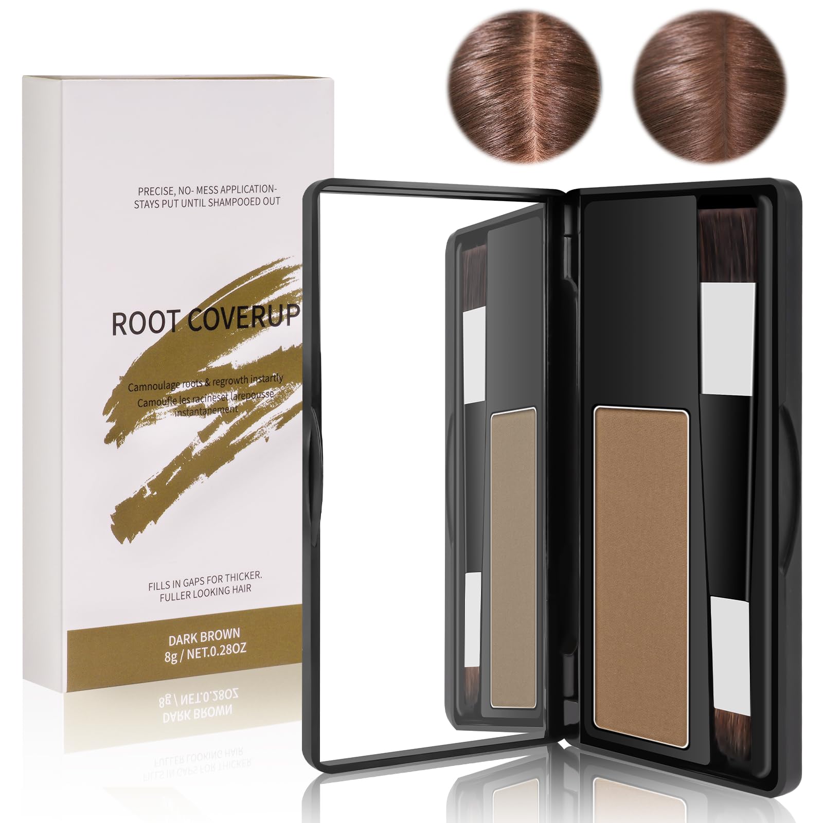 Hair Root Cover Up - Instant Hairline Touch Up Powder with Two-Ended Brush and Mirrored Compact - Waterproof for Men & Women (Light Brown)