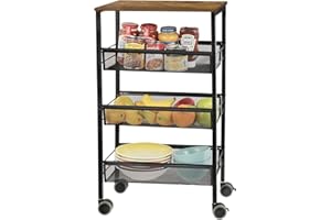 SEHERTIWY Kitchen Storage Rolling Cart, 4-Tier Kitchen Island Cart on Wheels with Wooden Shelves, Lockable Utility Cart with Mesh Baskets for Narrow Space on Dining Room Bathroom，Black