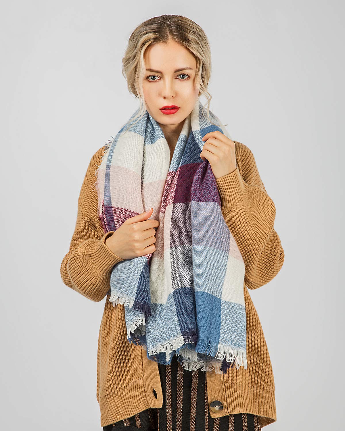 Blanket Scarf yeabiu Winter Long Plaid Scarf Acrylic Soft Long Women Shawl Wrap Scarf(Blue Beige)