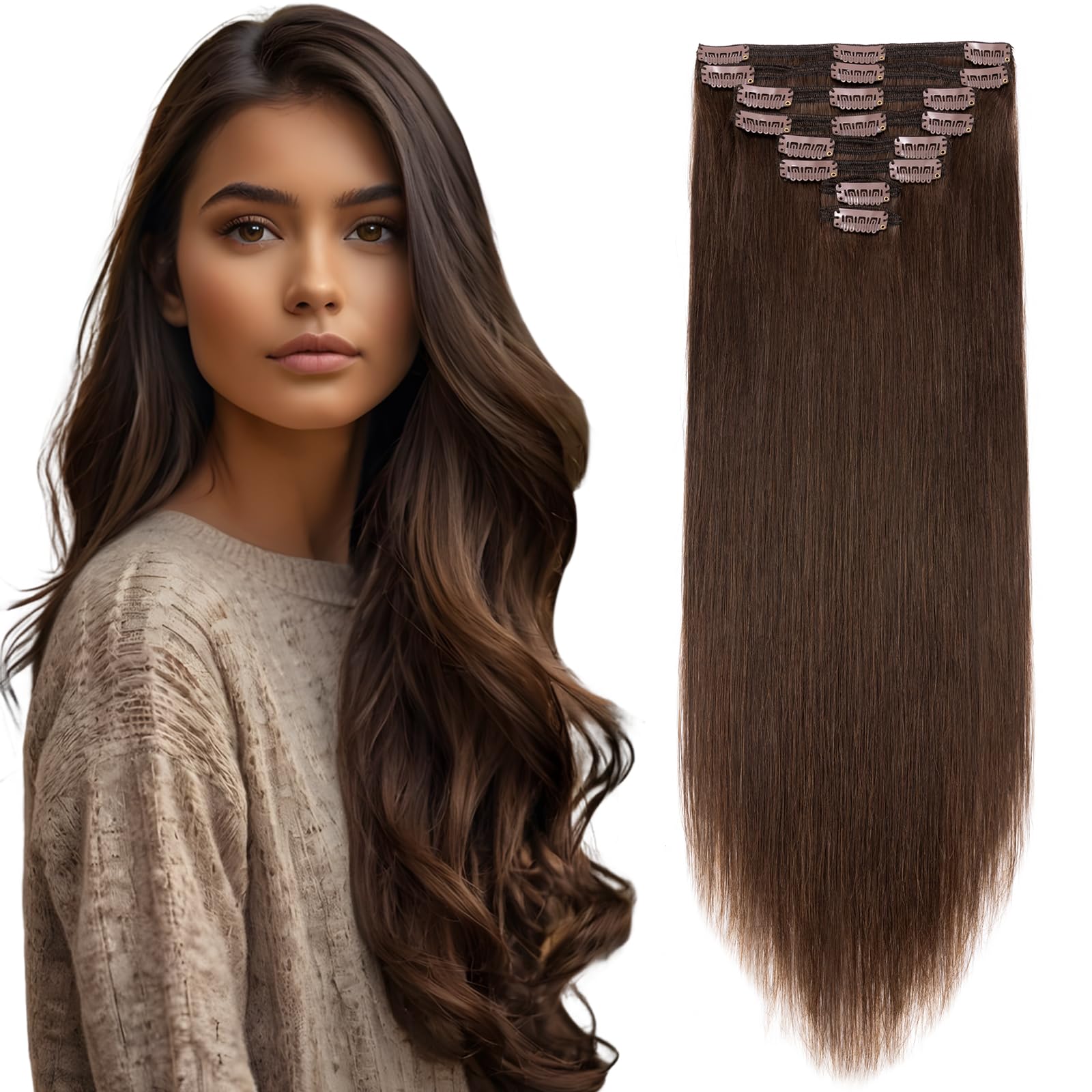 Elailite Double Weft Human Hair Extensions Clip in Real Remy Natural Hair - 8 Pieces Thick Full Head Straight - #4 Medium Brown - 18 Inch (140 g) — image 1