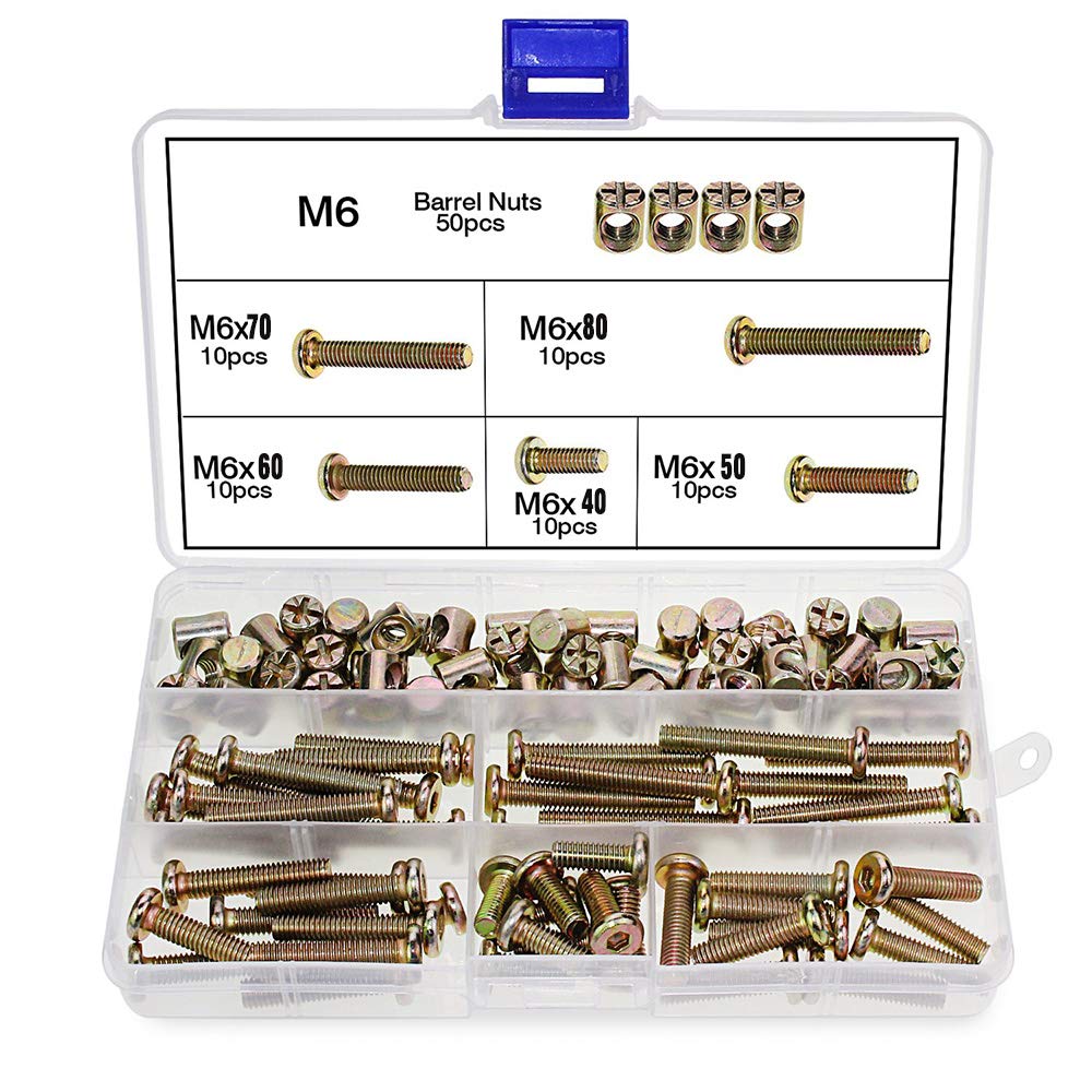 100 pcs M6 Zinc-Plated Hex Socket Cap, M6 x 40/50/60/70/80mm, Barrel Screws, Bolt Nuts Assortment Kit, for Furniture Cots Beds Crib and Chairs