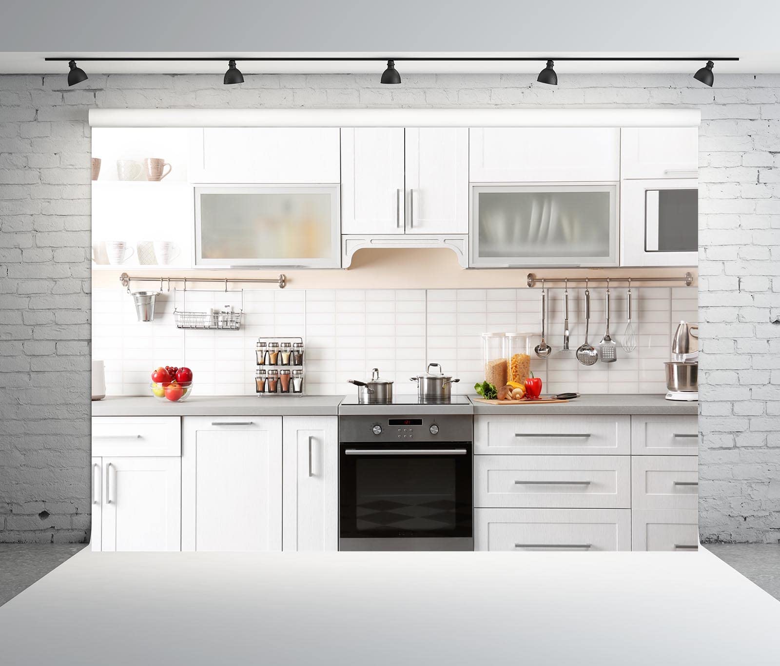 Photo 1 of BELECO 10x8ft Fabric Kitchen Backdrop Photography Modern House White Kitchen Wall Background for Baking Cooking Party Decorations Birthday Banner Kids Adults Portrait Photoshoot Studio Booth Props