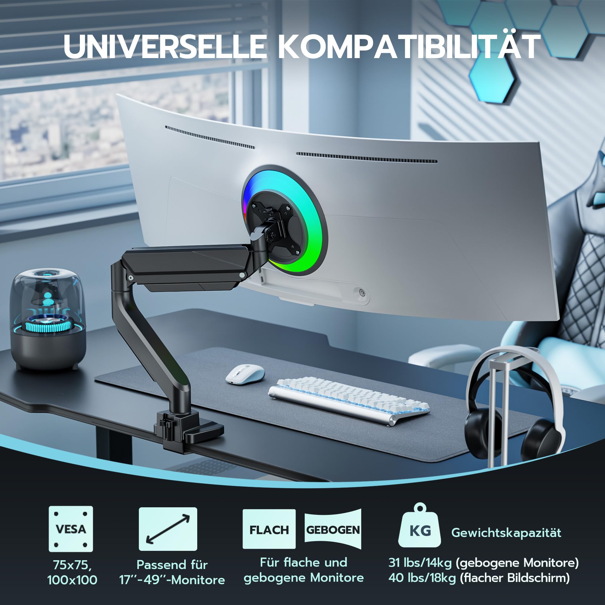ARES WING Monitor Halterung für 17"-49" Flach Curved Bildschirm, Höhenverstellbar Bildschirmhalterung, Einzel Monitor Arm Tragfähigkeit Max 18 kg, 75/100mm Vesa-Halterung, Tischhalterung Schwarz 2