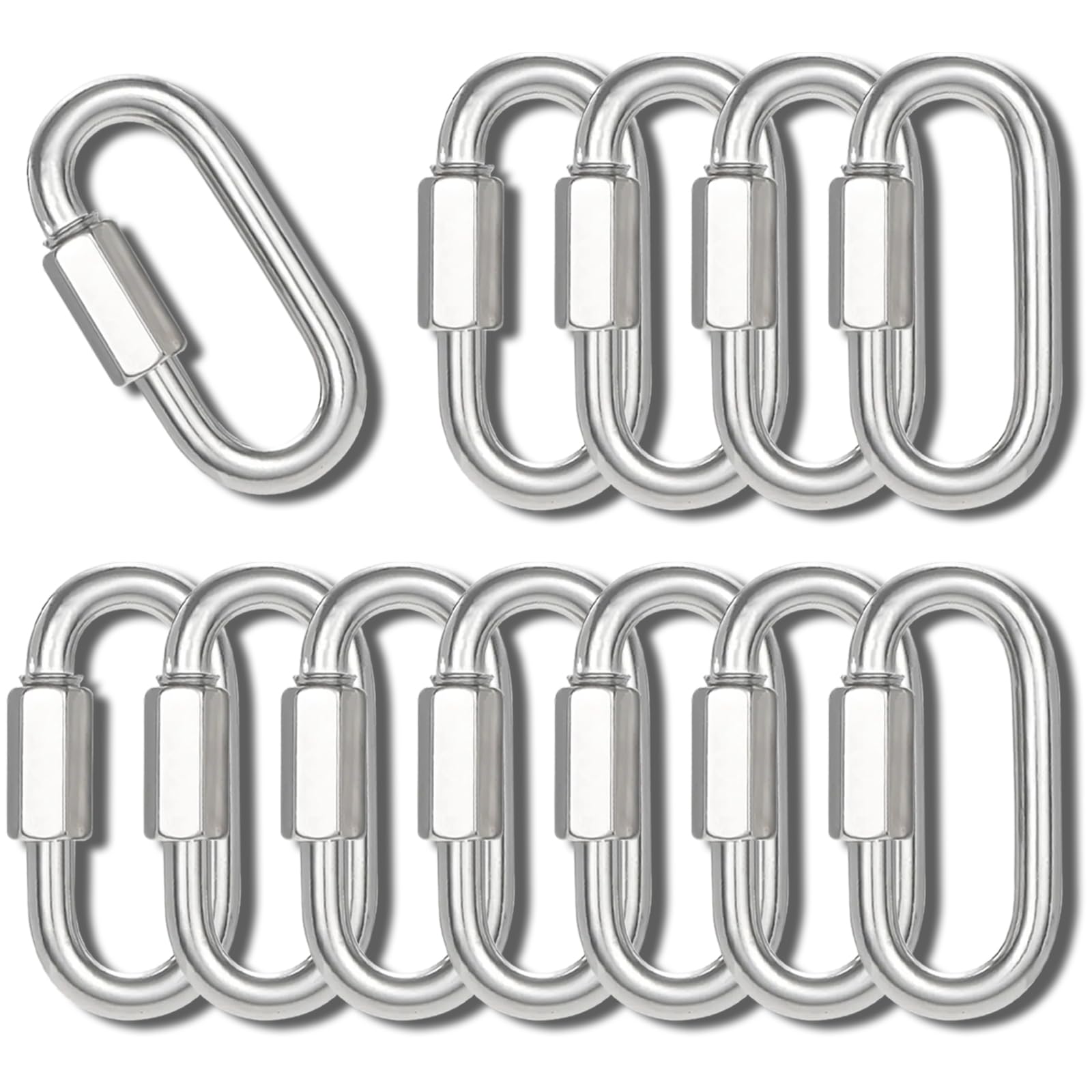 View 1 of 1.48" Chain Quick Links, 12Pcs 1/8" Heavy Duty Carabiner, 175 LBS Capacity, High Strength Anti-Rust Chain Connector for Hammock Hanging, Camping, and Hiking (Sliver)