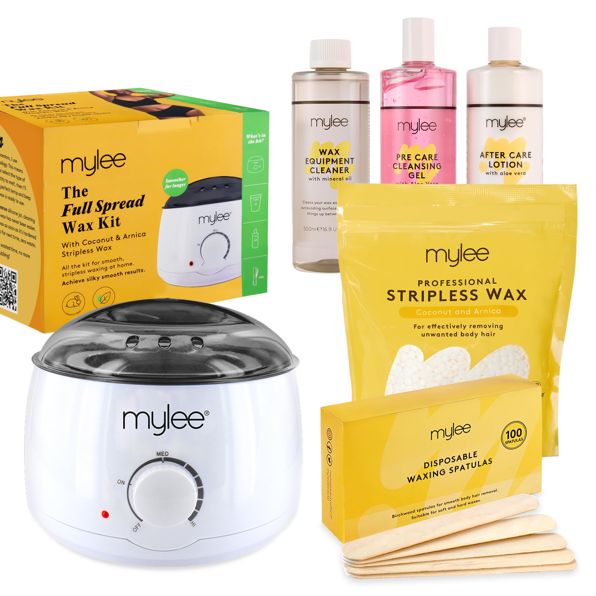 Mylee Professional Complete Waxing Kit with Wax Heater, Hard Wax Beads 500g, Applicator Spatulas, Pre & After Care Gel, Equipment Cleaner (Coconut & Arnica)