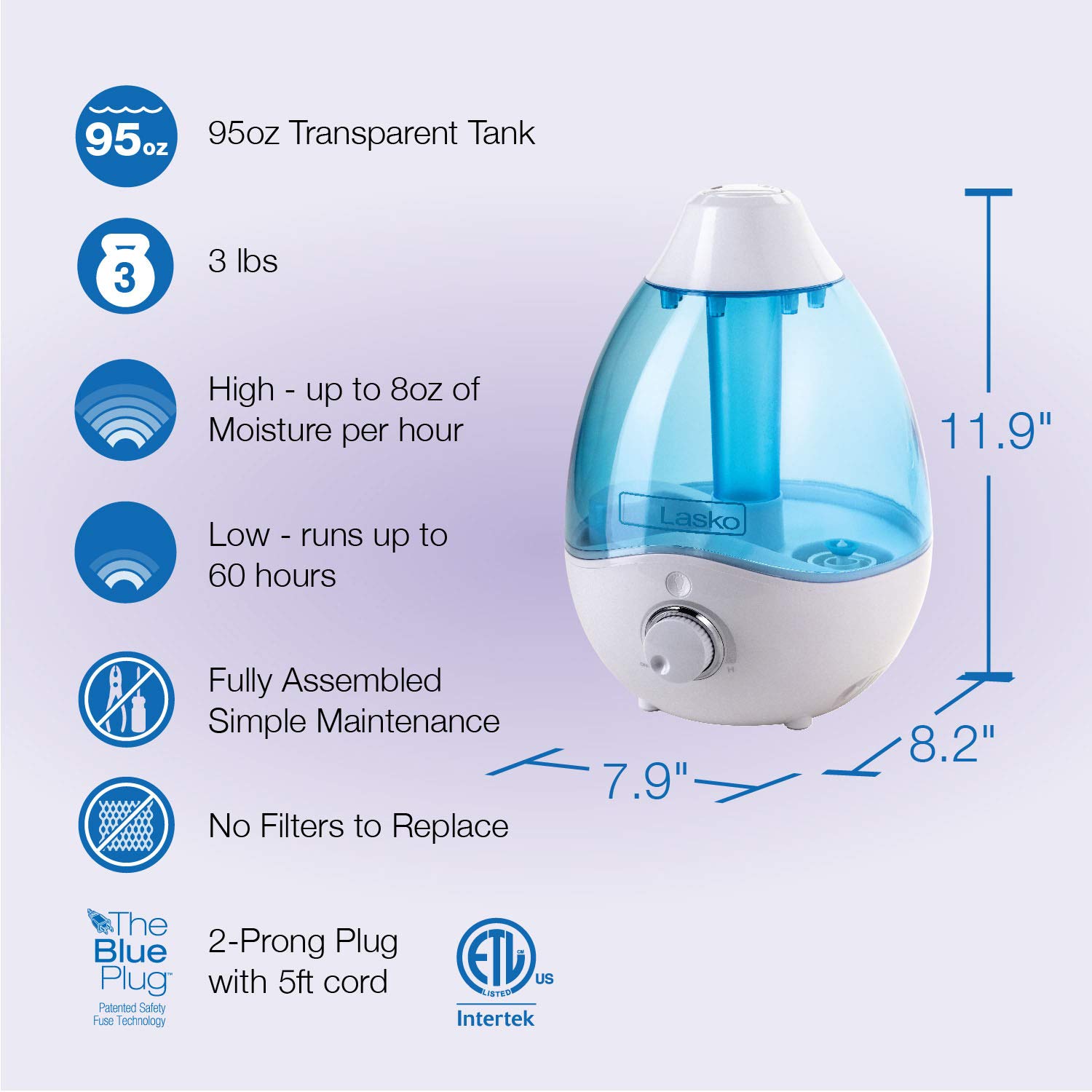Lasko 0.74 Gallon Cool Mist Ultrasonic Humidifier, 60-Hour Runt Time on Low, Covers 300 Sq. Ft., Essential Oil Tray, Filter Free for Bedrooms, Offices, Home, UH200