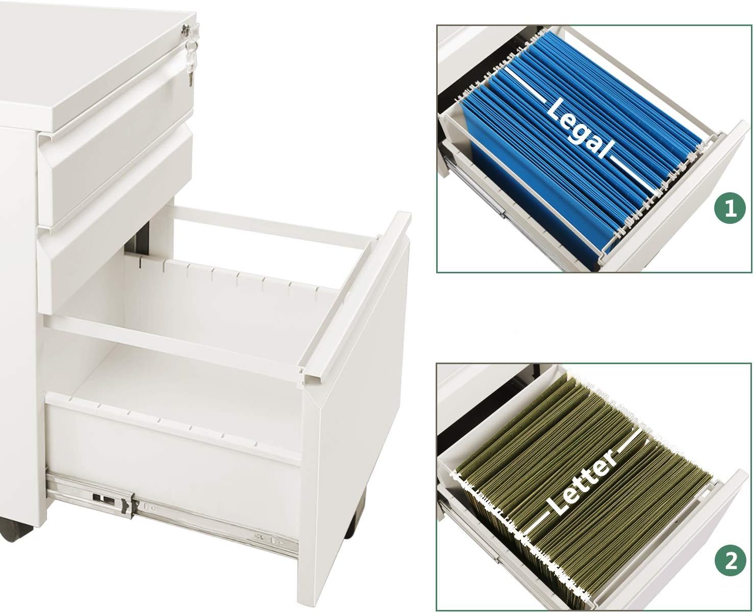 DEVAISE 3 Drawer Mobile File Cabinet with Lock, Metal Filing Cabinet Legal/Letter Size, Fully Assembled Except Wheels, White : Office Products