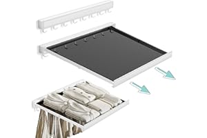 LETINE Wall Mounted Drying Rack: Retractable Indoor Clothes Drying Rack – Aluminum Alloy Frame w/Soft Mesh Surface. Laundry Rack & Temp Shelf for Balcony, Bathroom, Kitchen. Includes 6 Hooks.