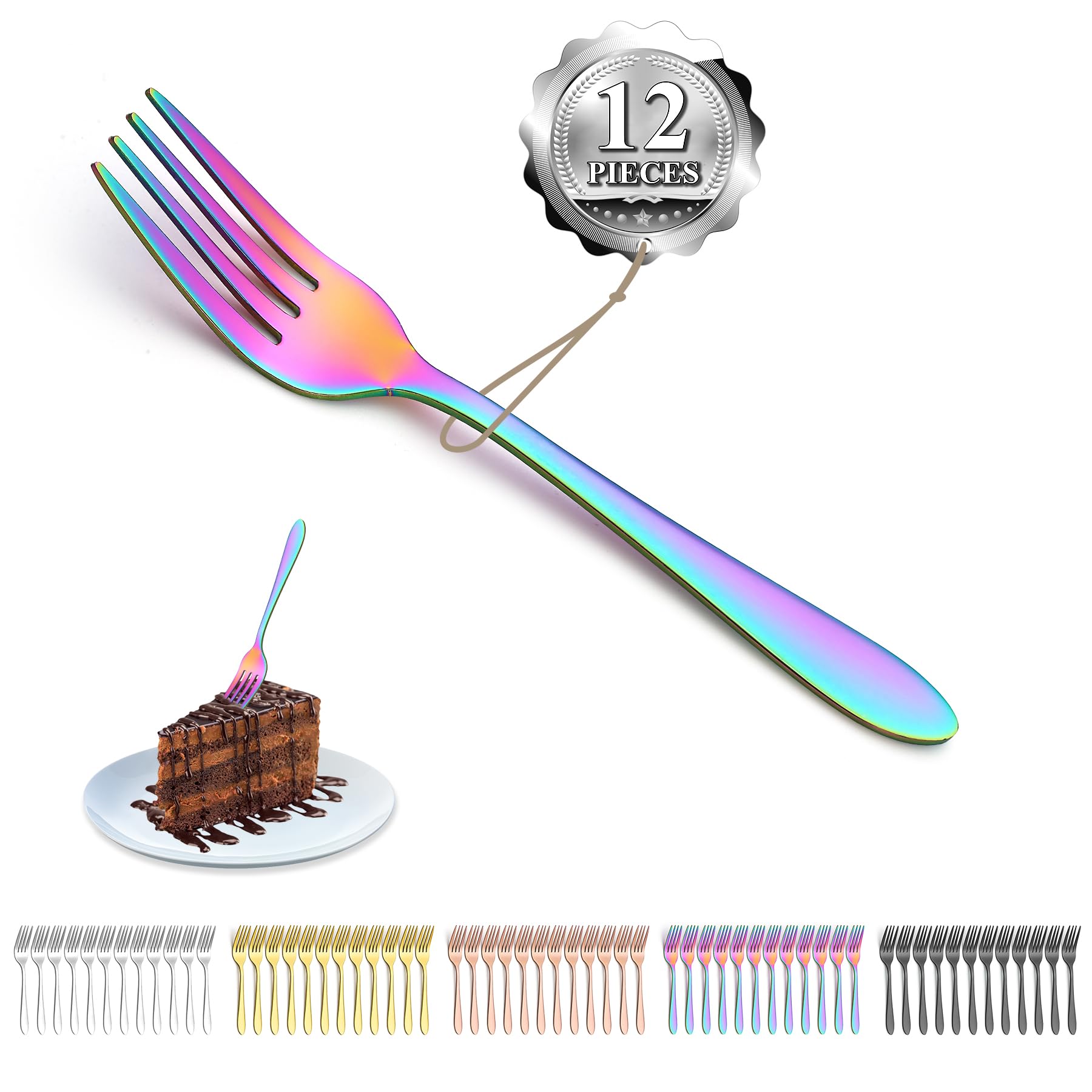 Kyraton Rainbow Dessert Forks Set of 12 Pieces - 14cm Titanium Colorful Plating Stainless Steel Cake, Tea, Pastry, Fruit Forks - Dishwasher Safe