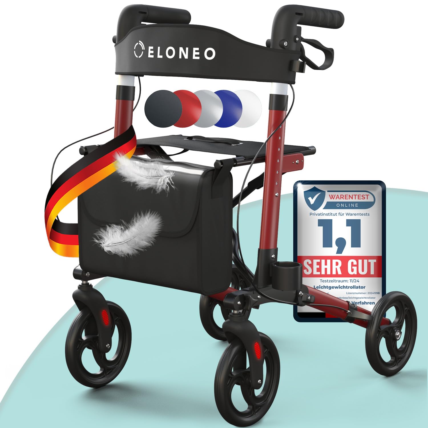 ELONEO Rollator faltbar und leicht mit Sitz, Leichtgewicht-Reiserollator aus Aluminium, Gehhilfe 8-fach höhenverstellbar, Laufhilfe 3-fach faltbar für Kofferraum, Tasche & Schirmhalter Rot