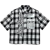 GORGLITTER Men's Plaid Graphic Cropped T Shirt Button Up Short Sleeve Top Y2k Collar Street Baggy Shirts