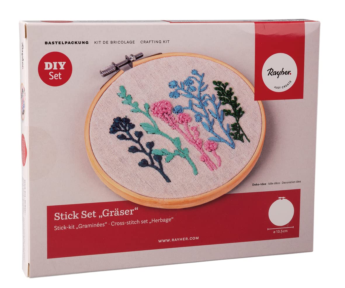 Rayher Embroidery Starter Kit with Grass Plants Pattern, Cross Stitch Kit with Bamboo Embroidery Hoop, Embroidery Thread, and Pre-Printed Canvas, 13.5cm, 54078000