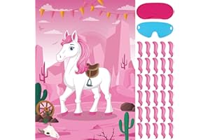 Hxezoc Pin The Tail On The Horse Game With 30 Pcs Tails Large Pink Western Horse Games Poster for Girls Kids Western Birthday Party Carnival Party Supplies