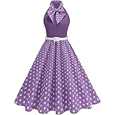 Halter 50s Dresses for Women 1950s Vintage Polka Dot Cocktail Swing Dress Retro Bow Tie Neck Rockabilly Prom Tea Party Dress