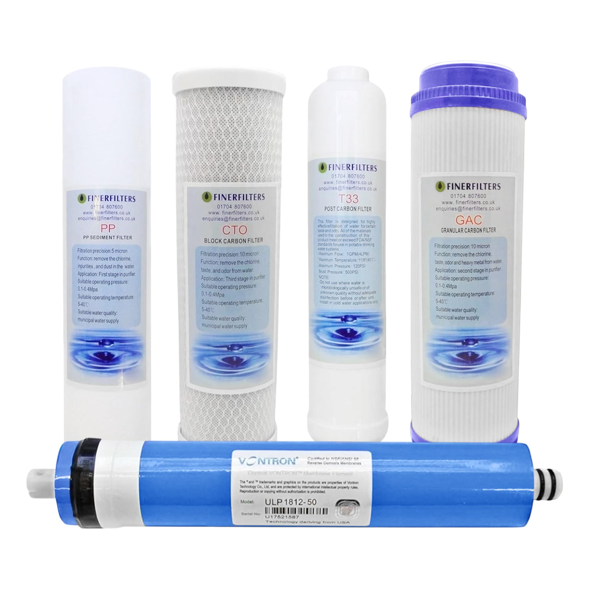 Finerfilters 5 Stage Domestic Reverse Osmosis, Replacement Filter Pack 50GPD Membrane