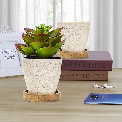 Lasaki PL1 White Ceramic Pot with Wooden Plate (WP4) for Indoor Plants || Planters, Flower Pots, Gamla, Table Top, Outdoor, Succulent, Cactus Plant Pot Container Planter (Set of 2)