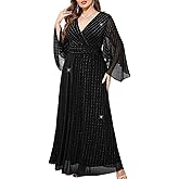 ZOMVA Plus Size Formal Dresses Sparkly V-Neck A Line Glitter Wrap Dress Evening Gown Cocktail Prom Butterfly Sleeve