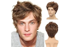 Kaneles Mens Brown Short Wig Curly Synthetic Laeyered Natural Hair Costume Full Wig (Brown)