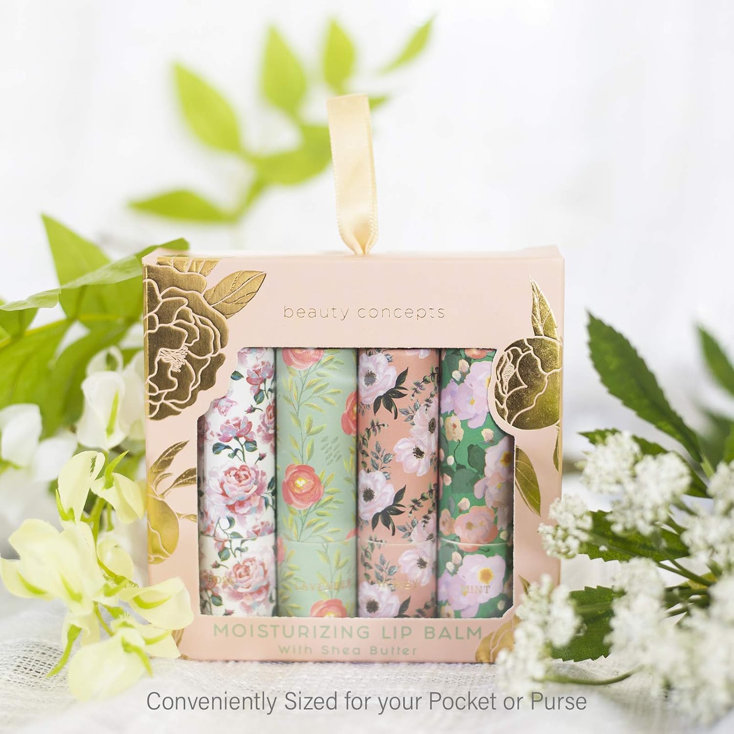 Beauty Concepts Four Piece Lip Balm Collection with Shea Butter, Moisturizing Lip Balm Gift Set (Rose, Lavender, Honey & Mint - Green Box) : Beauty