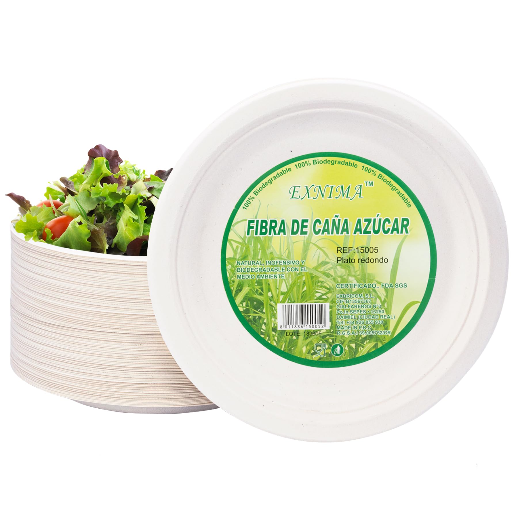 EXNIMA - Disposable Biodegradable Plates - Disposable Sugar Cane Paper Crockery - Round Deep Plates 25 cm - 50 Units