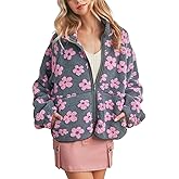 chouyatou Women's Fall Winter Casual Cute Floral Fleece Jacket Fuzzy Zip Up Sherpa Jacket Faux Fur Coat