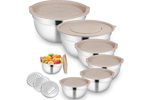 Mixing Bowls with Airtight Lids for Kitchen, 7 Piece Stainless Steel Metal Nesting Storage Bowls, 3 Grater Attachments, Size 