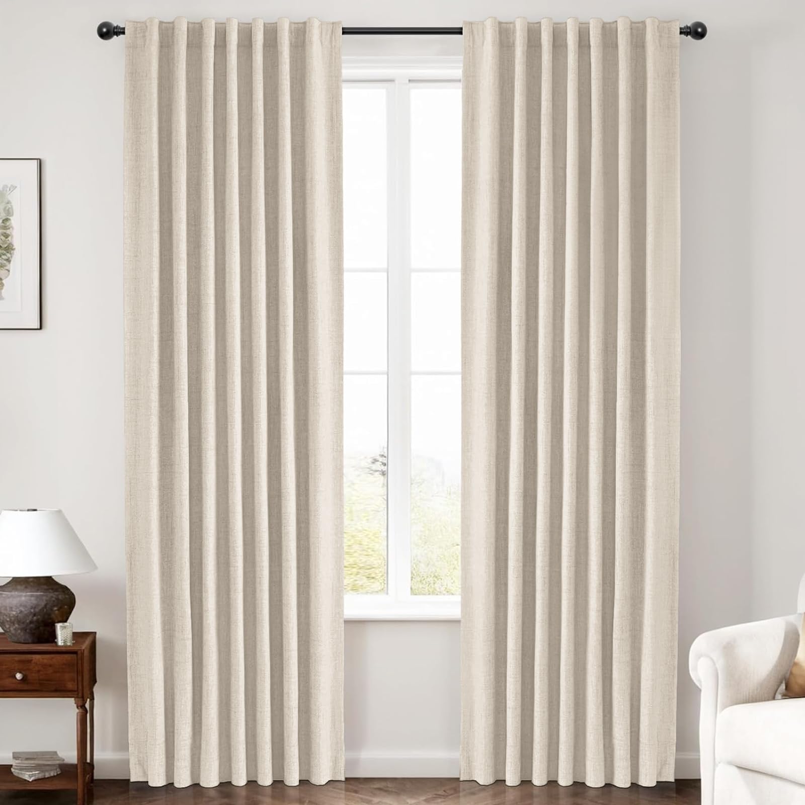 Photo 1 of INOVADAY 100% Blackout Curtains 92 Inches Length 2 Panels Set, Back Tab/Rod Pocket Linen Black Out Curtains for Bedroom, Thermal Insulated Window Drapes - Natural Linen, W50 X L92