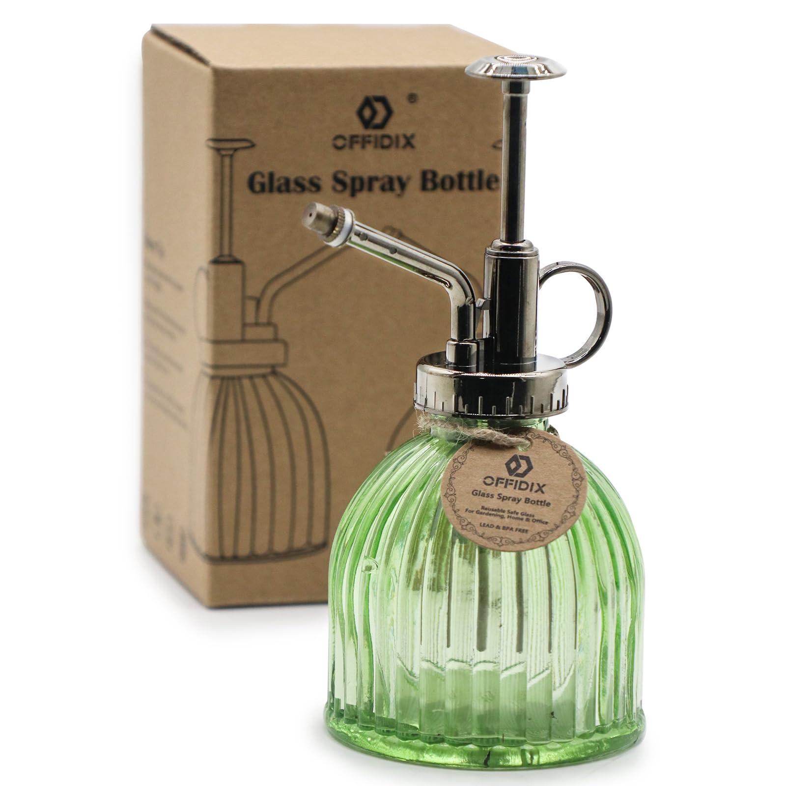 Photo 1 of OFFIDIX Glass Plant Mister, 6.3 Inches Tall Vintage Style Spritzer Bronze Plastic Top Pump One Hand Watering Can Indoor Plant Spray Bottle for Garden, Plants, Cleaning (Light Green)