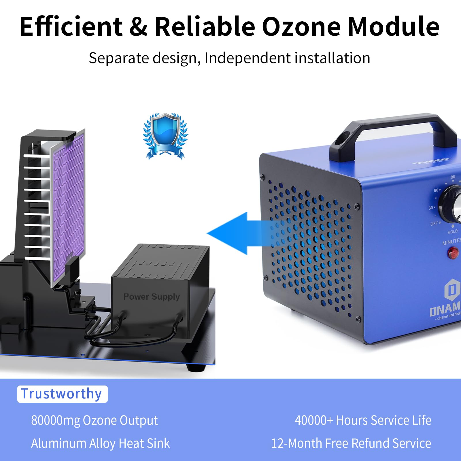 ONAMOR Ozone Generator 80000mg, Ozone Machine Odor Removal, Ozone Ionizer Deodorizer, High Efficiency Ozone Odor Eliminator for Home, Car, Smoke, Basement and Pet Room, Blue