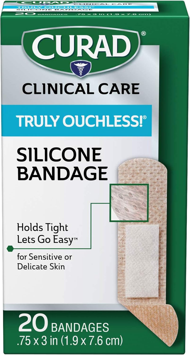 Curad Truly Ouchless Silicone Adhesive Bandages, Fabric Bandages are .75 x 3 inches, for Delicate or Sensitive Skin, 20 Count: Health & Personal Care