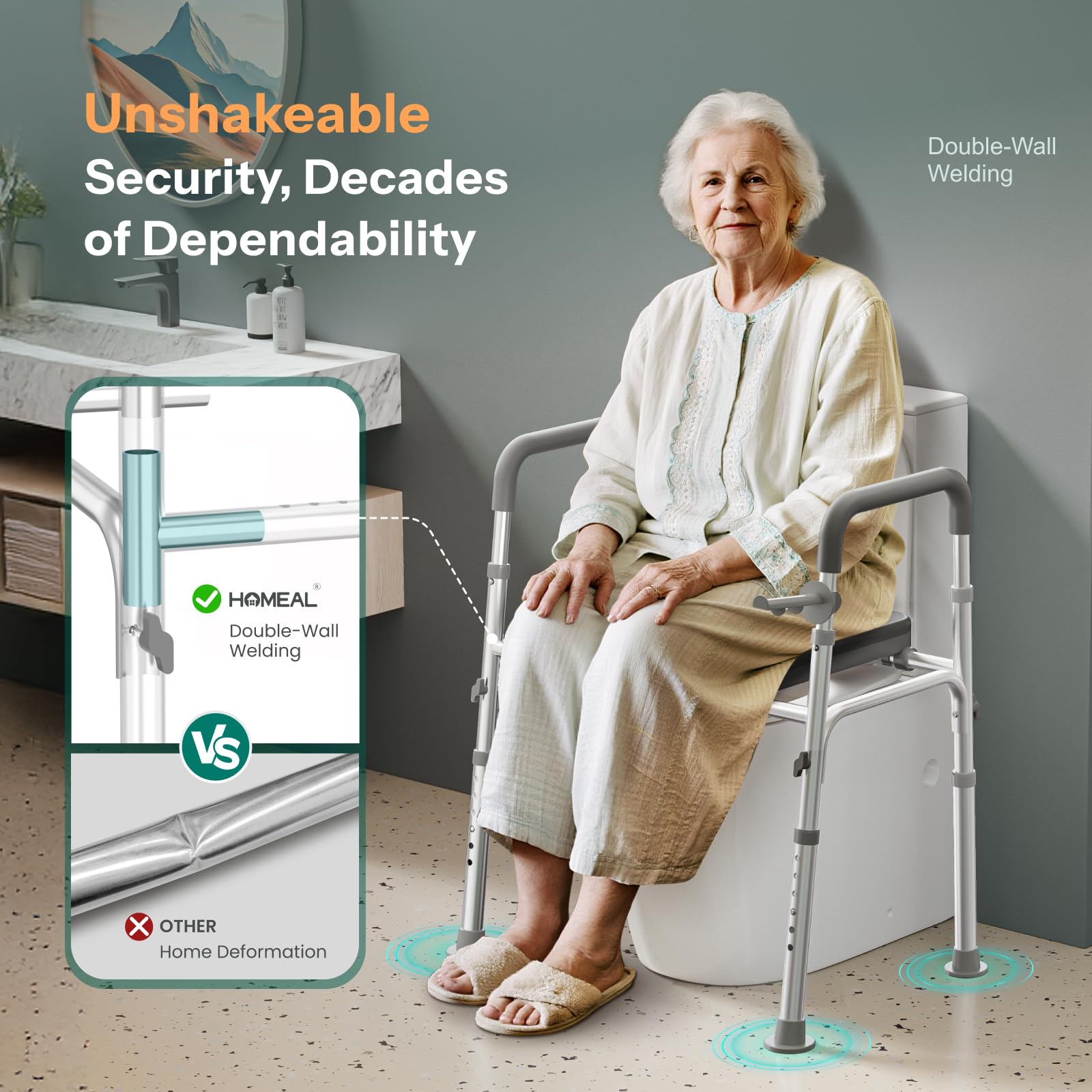 HOMEAL Raised Toilet Seat Riser with Handles for Seniors, 450LBS Heavy-Duty 3in1 Commode Chair for Disabled & Patients with Reinforced Frame & Protective Deflector, Built for Safety & Clean