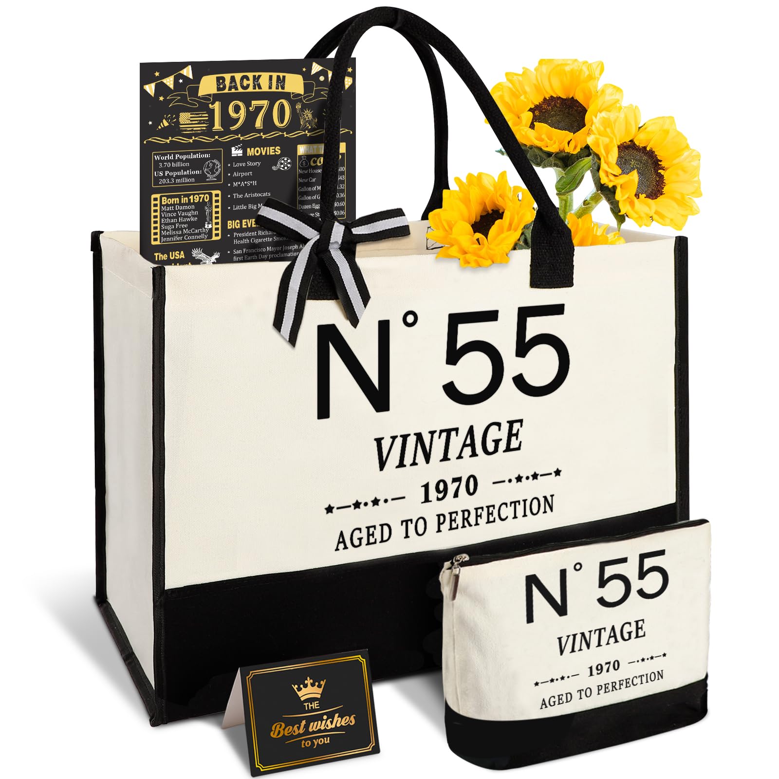 Photo 1 of 55th Birthday Gifts for Women Canvas Tote Bag Travel Gear,Unique 55 Years Old Gifts for Wife Mom Sister Aunt Friends Her, Vintage N°55 Handbag & Cosmetic Bag & Back in 1970 Poster