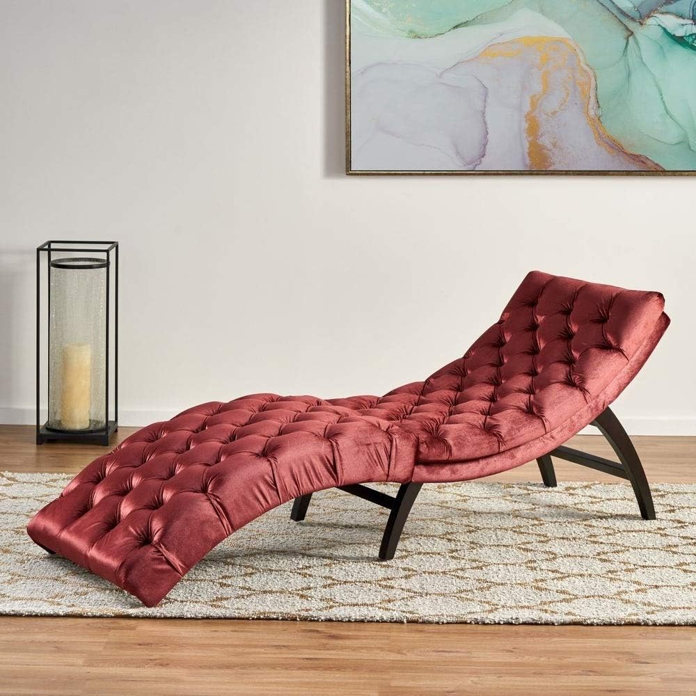 Luxurious Charm Button Tufted Velvet Chaise Lounge Most Comfortable Shape for Human Body, Mid-Century Modern Rugged Birch Wood Frame Armless Long Chair for Living Room Bedroom Furniture, Garnet