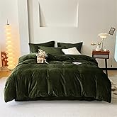 Luxlovery Army Green Velvet Comforter Set - Dark Green Flannel Bedding - Modern Winter Warm Comforter Set