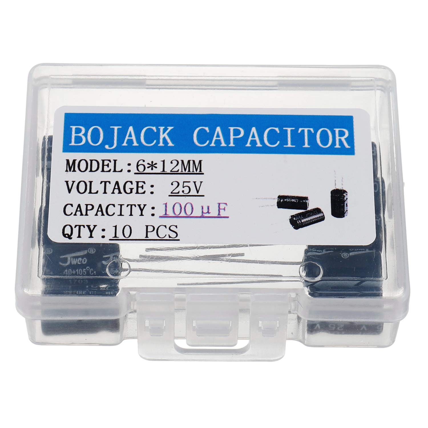 BOJACK 100uF 25V 6X12mm Capacitors 100 MFD 25 Volt 0.24x0.47 Inch ±20% Aluminum Electrolytic Capacitors(Pack of 10 Pcs)