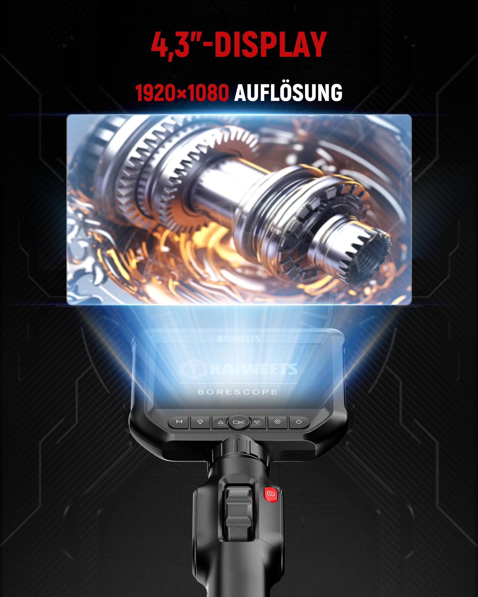 KAIWEETS Inspektionskameras Endoskopkamera mit Licht, 4,3''IPS 1080P Inspektionskamera mit Scrollradsteuerung Zwei-Wege 210° Drehung, Flexible Rohrkamera IP67 wasserdichte für Kfz und Rohrinspektion 3