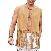BEAUDRM Men's Fringe Suede Vest Boho Tassel Open Front Sleeveless Western Jacket Outerwear 70s Outfits