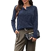 AMZANGEL Women's 100% Wool Sweater Henley Crew Neck Knit Pullover Sweater Half Button up Jumper Office Casual Outfits