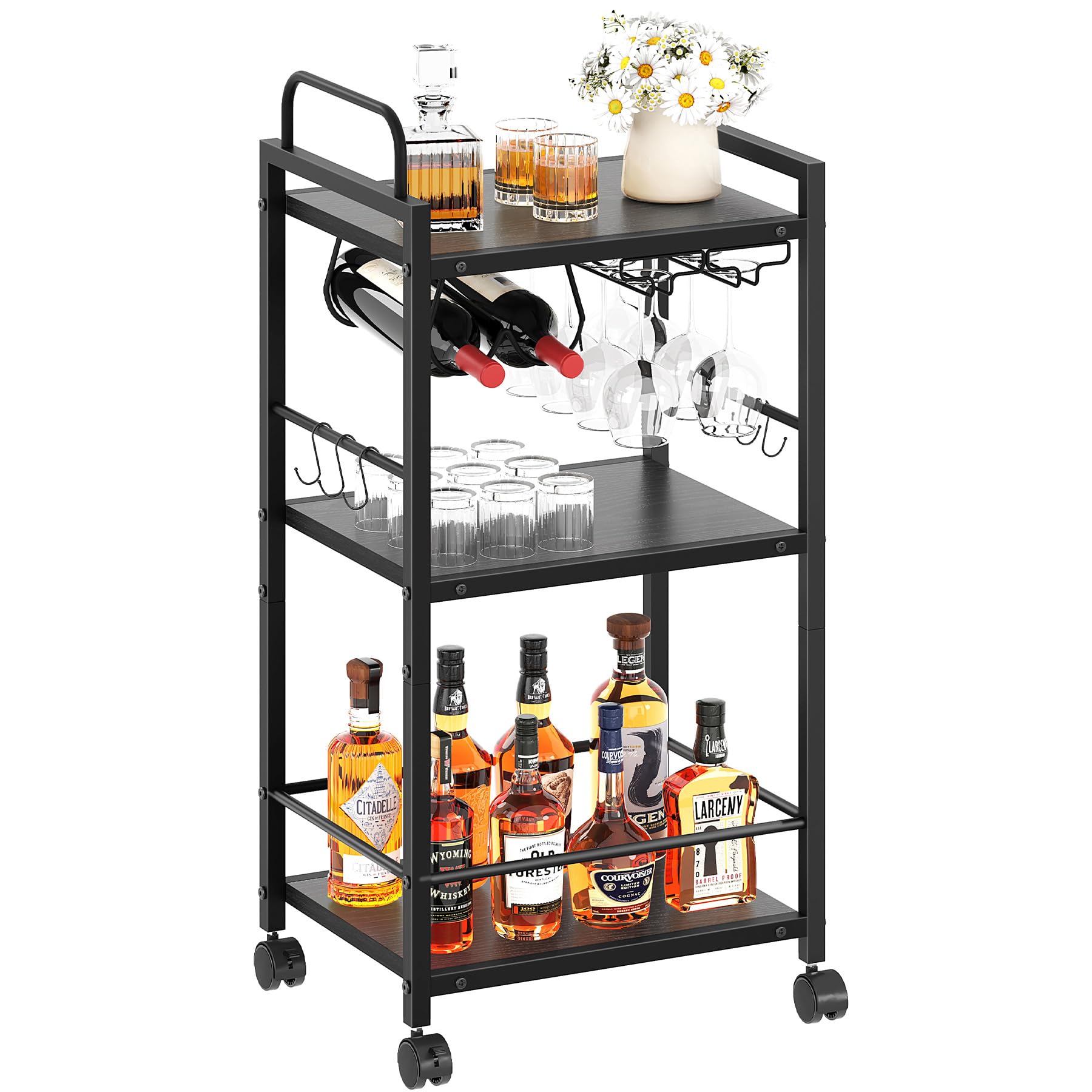 Photo 1 of Bar Cart for The Home, 3 Tier Kitchen Carts with Wheels, Small Rolling Cart with Glass Holders, Wine Rack, Mini Bar Cart for Kitchen, Dining Room, Living Room, 13.0" D x 17.0" W x 33.8" H, Black