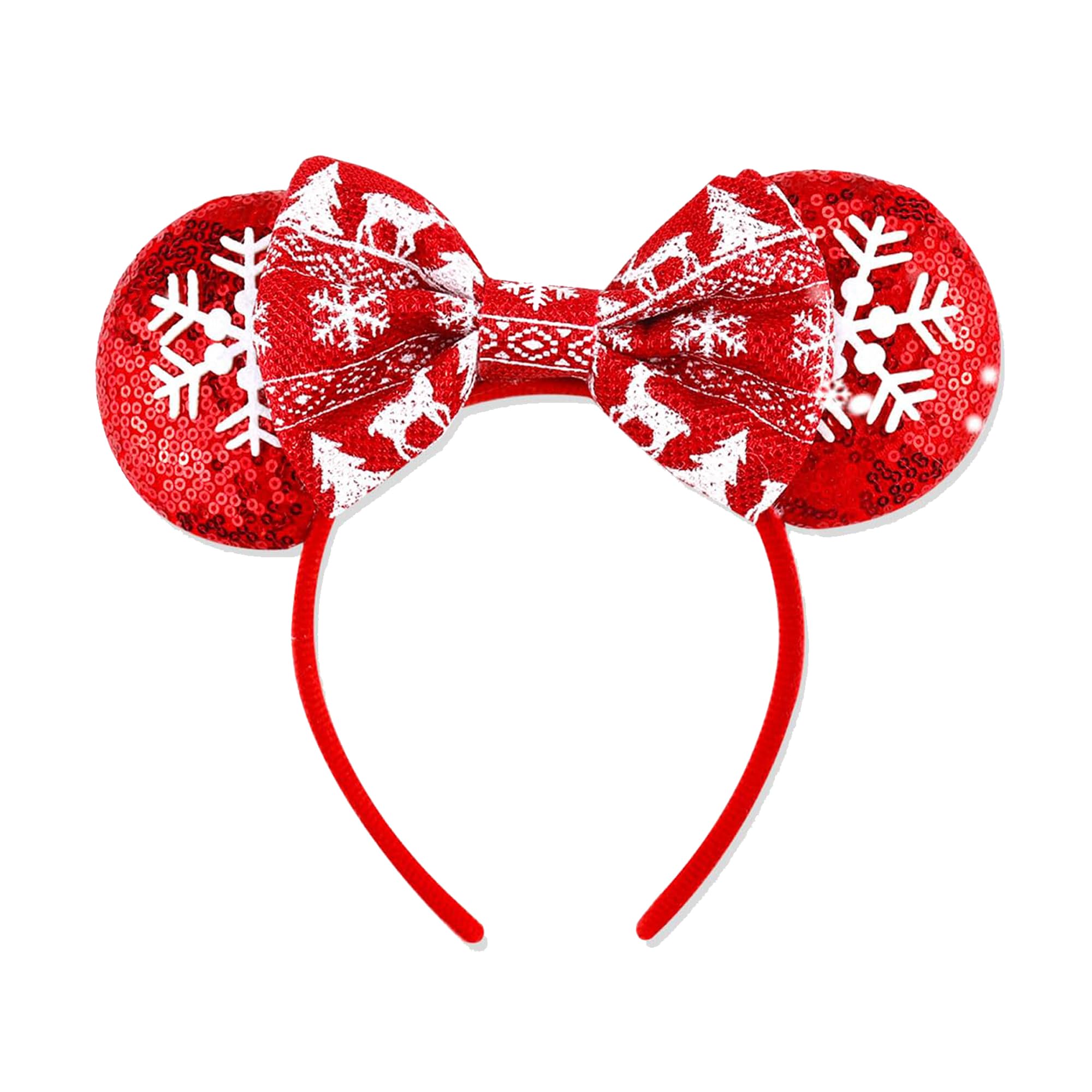 MZinge Christmas Mouse Ears Headband with Bow - Festive Snow Design Hair Accessory for Adult Women | Perfect for Christmas Parties, Theme Parks & Dress-Up (Xmas Red)