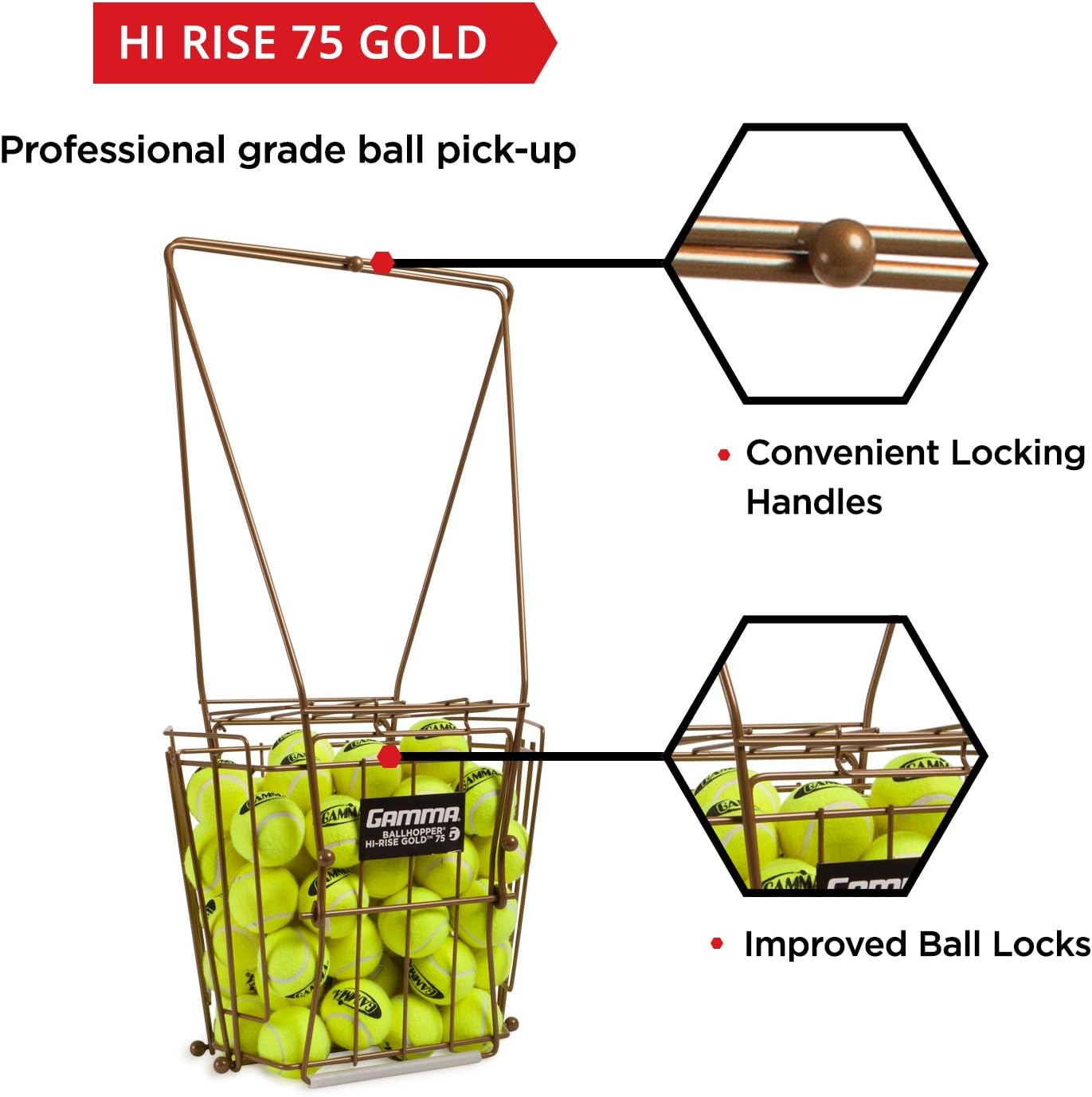 Gamma Sports Ballhopper Premium Pro 75 HiRise Gold Tennis Ball Pickup – Professional & Heavy Duty Floating Wire Design, Weather-resistant Durable Coating, Hinged Lid to Prevent Spilling, Convenient Handles, Holds 75 Balls : Tennis Ball Hoppers : Sports & Outdoors
