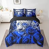 Feelyou Rose Leopard 7 Piece Bedding Set Blue Black Animal Floral Comforter Set with Sheets Queen Size for Teens Boys Girls Blue Rose Bed in a Bag Soft Leopard Bed Set