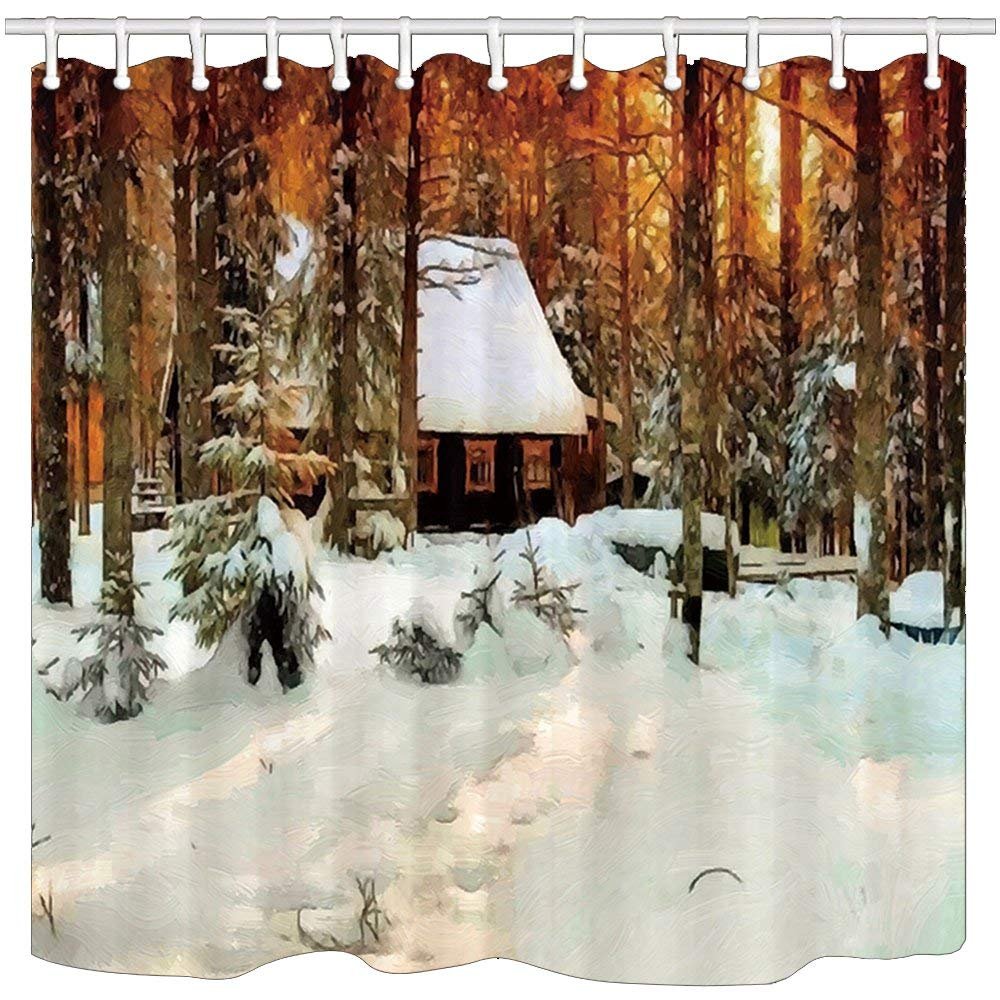 Amazon Com Cdhbh Oil Paintings Shower Curtains Winter Log Cabin