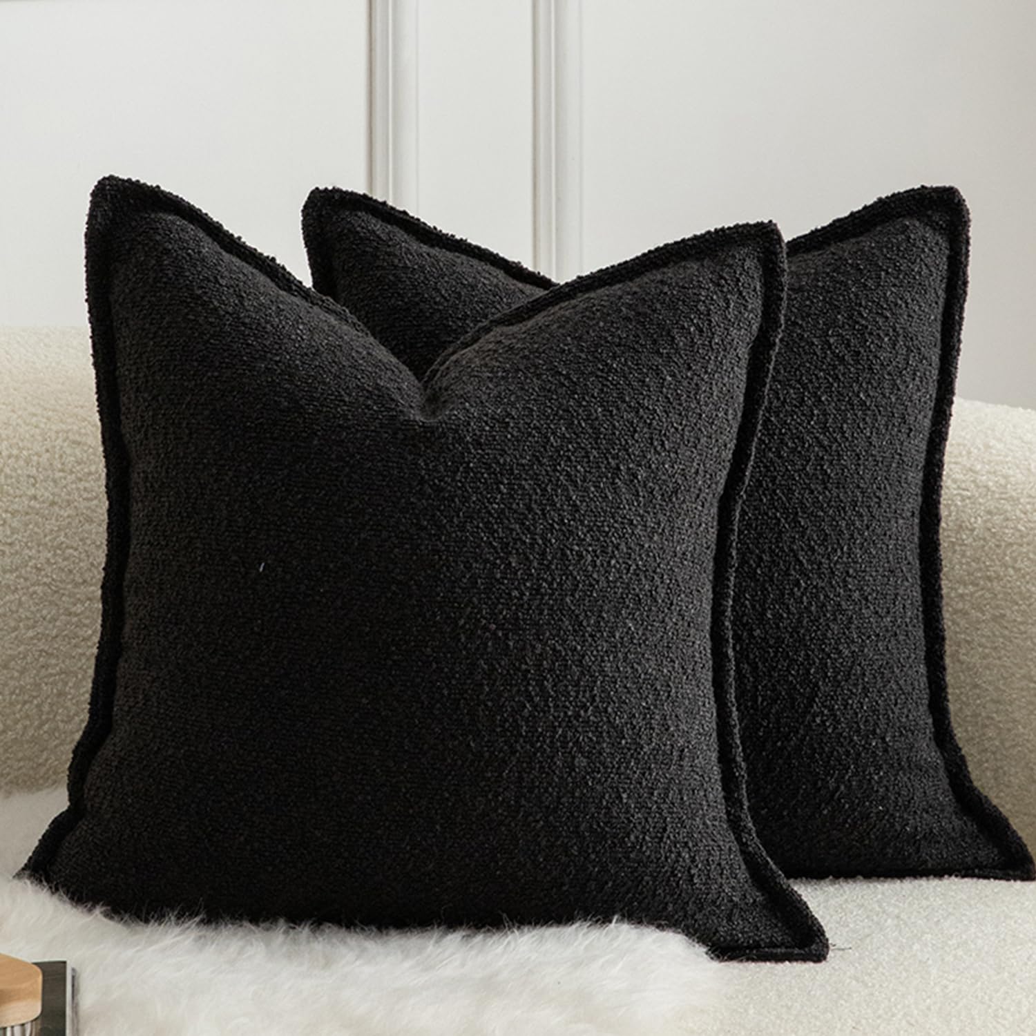 Mandioo Pack of 2 Cushion Covers 50cm x 50cm Decorative Accent Solid Woven Textured Throw Pillow Covers cases Bedroom Living Room Couch Sofa Home 20 x 20 Inch Black